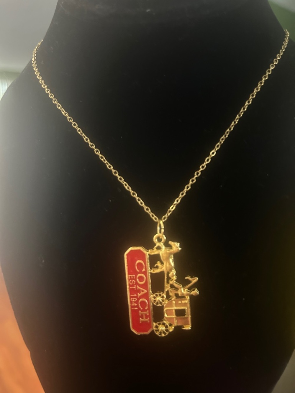 COACH Gold and Red Carriage Logo Pendant Necklace - Picture 3 of 9